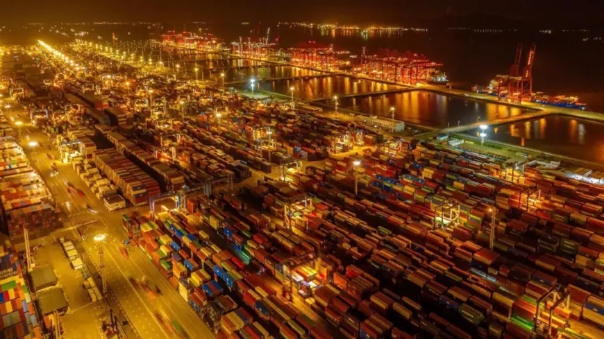 Photo taken on May 19, 2023 shows a night view of a container terminal of the Meishan port area of Ningbo-Zhoushan Port, east China's Zhejiang province. (Photo by Pan Weifeng/People's Daily Online)