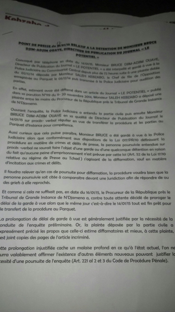 Tchad : Détention abusive du journaliste Bruce Djim-Adjim Ouaye, les avocats en colère Tchad : Détention abusive du journaliste Bruce Djim-Adjim Ouaye, les avocats en colère