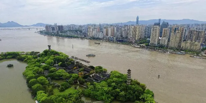 Photo shows an aerial view of the ruins site of the Shuomen ancient port in Wenzhou, east China's Zhejiang province. (Photo courtesy of Liang Yanhua)
