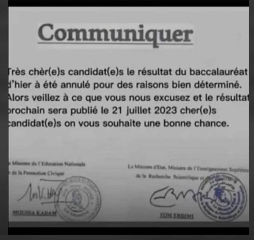 Tchad : le ministère de l’Enseignement alerte sur un FAUX communiqué annonçant l’annulation du BAC Tchad : le ministère de l’Enseignement alerte sur un FAUX communiqué annonçant l’annulation du BAC