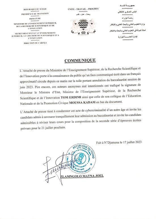 Tchad : le ministère de l’Enseignement alerte sur un FAUX communiqué annonçant l’annulation du BAC Tchad : le ministère de l’Enseignement alerte sur un FAUX communiqué annonçant l’annulation du BAC
