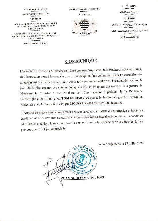 Tchad : le ministère de l’Enseignement alerte sur un FAUX communiqué annonçant l’annulation du BAC