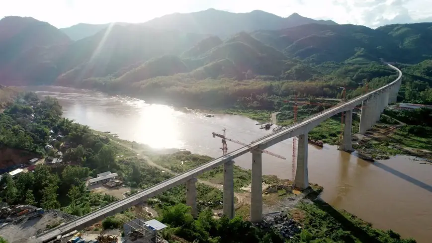Aerial photo taken on July 15, 2020 shows the view of the Ban Ladhan Mekong River Super Major Bridge located some 230 km north of Vientiane, capital of Laos. (CREC-8/Handout via Xinhua)