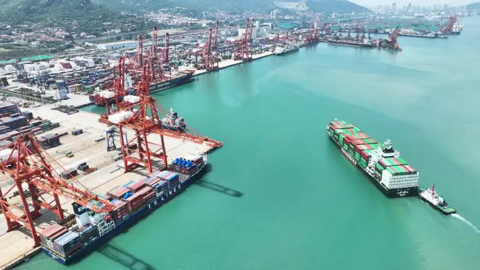 A fully-loaded container ship arrives at a container terminal in Lianyungang, east China's Jiangsu province, June 7, 2023. (Photo by Geng Yuhe/People's Daily Online)