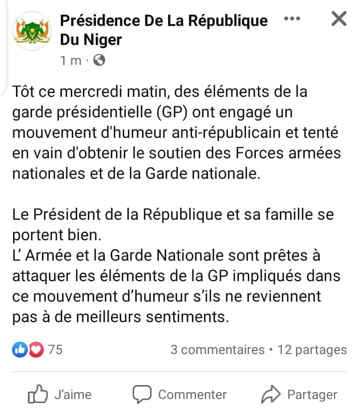 Niger : la Présidence confirme une tentative de coup d'État en cours