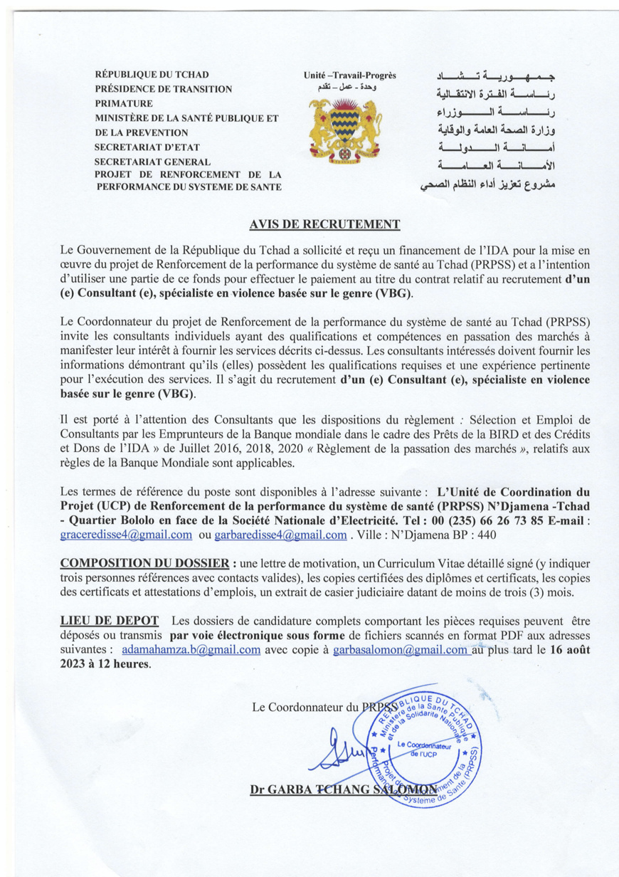 Tchad : le PRPSS lance un avis de recrutement d'un(e) Consultant(e), spécialiste en VBG Tchad : le PRPSS lance un avis de recrutement d'un(e) Consultant(e), spécialiste en VBG