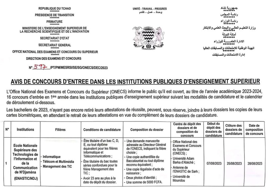 Tchad : L'ONECS dévoile 16 avis de concours pour l'année académique 2023-2024