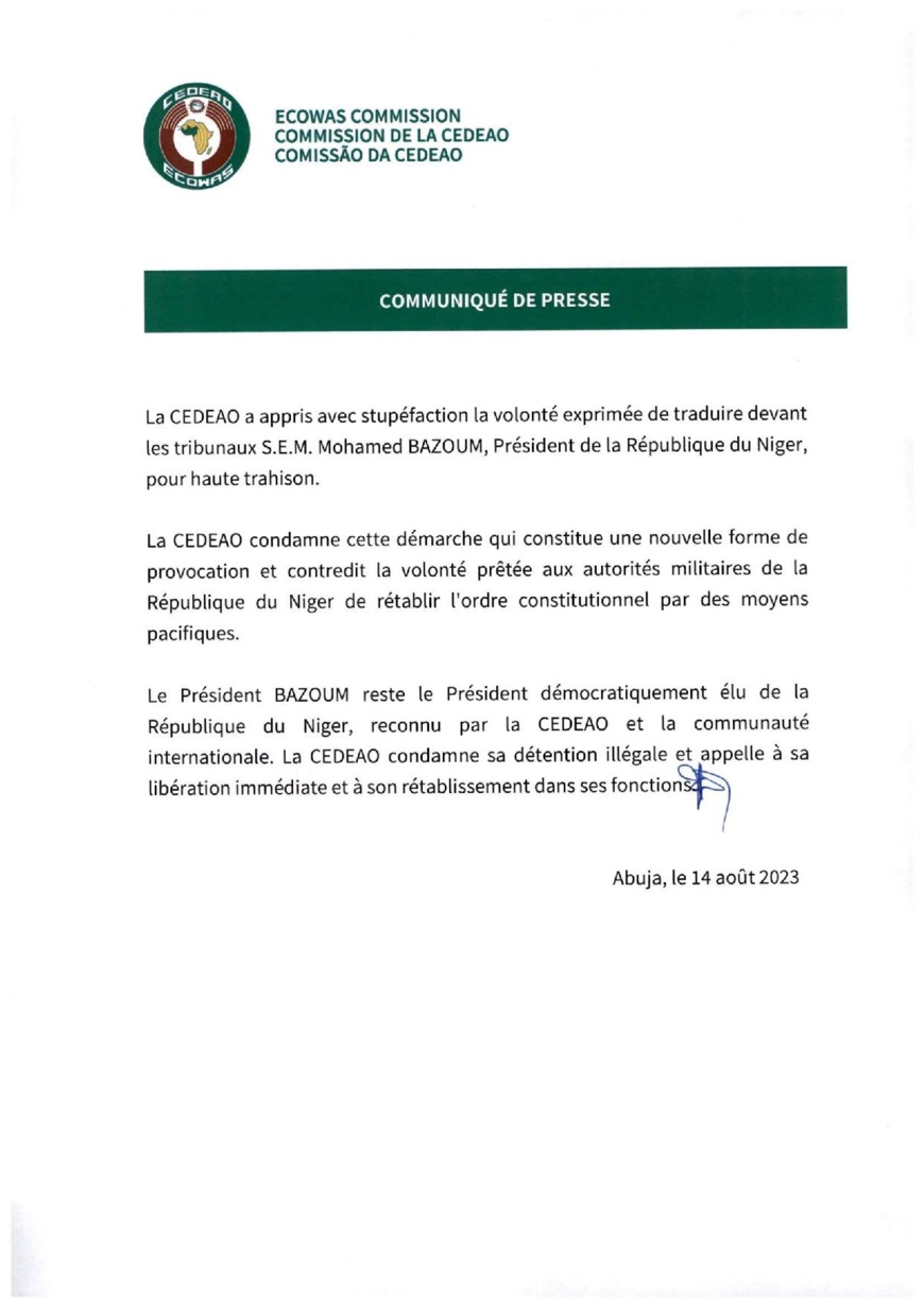 Niger : La poursuite contre Bazoum est « une nouvelle forme de provocation », selon la Cédéao
