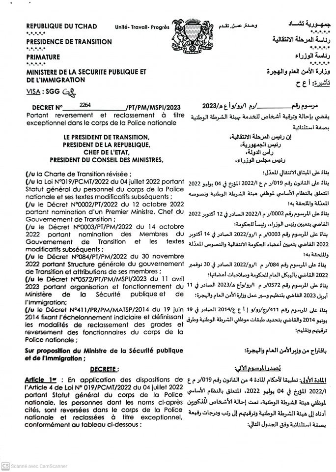 Tchad : reversement et reclassement à titre exceptionnel dans le corps de la police