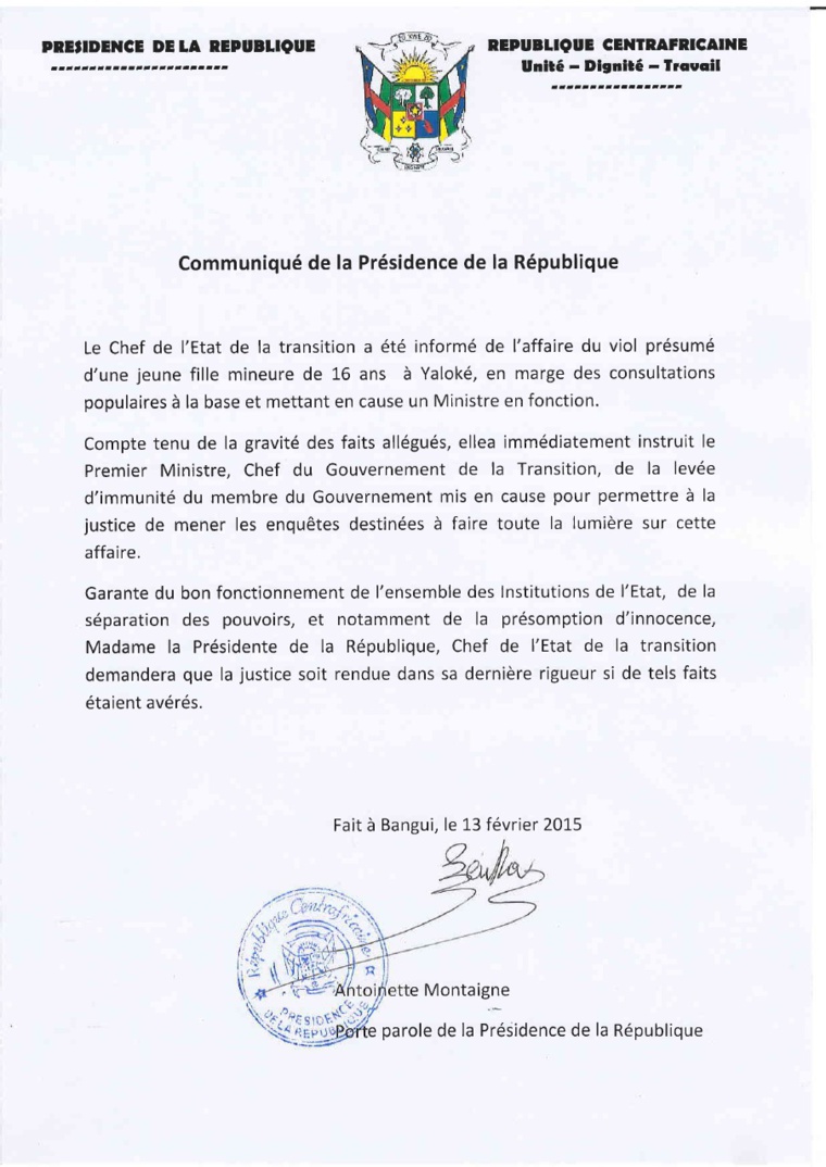 Centrafrique : L'affaire du Viol de Yalokè fait débat Centrafrique : L'affaire du Viol de Yalokè fait débat
