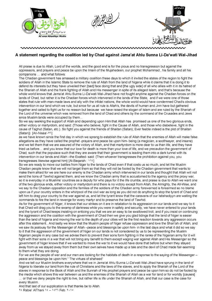 Boko Haram demande au Tchad d'arrêter son intervention militaire et menace de guerre civile Boko Haram demande au Tchad d'arrêter son intervention militaire et menace de guerre civile