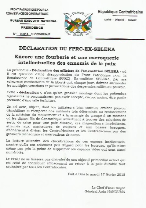 RCA : "Encore une fourberie et une escroquerie intellectuelles des ennemis de la paix" (FPRC)