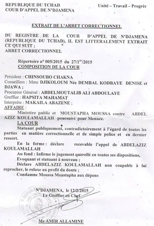 Tchad : L'arrêt de la Cour D'Appel de N'Djamena relaxant Abdelaziz Koullamalah