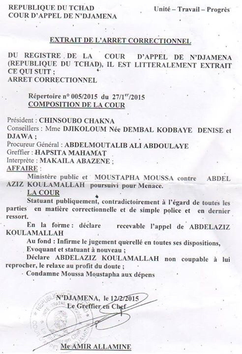 Tchad : L'arrêt de la Cour D'Appel de N'Djamena relaxant Abdelaziz Koullamalah Tchad : L'arrêt de la Cour D'Appel de N'Djamena relaxant Abdelaziz Koullamalah