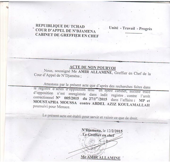 Tchad : L'arrêt de la Cour D'Appel de N'Djamena relaxant Abdelaziz Koullamalah Tchad : L'arrêt de la Cour D'Appel de N'Djamena relaxant Abdelaziz Koullamalah