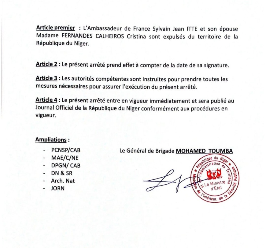 Niger : La junte signe un arrêté expulsant l’ambassadeur de France