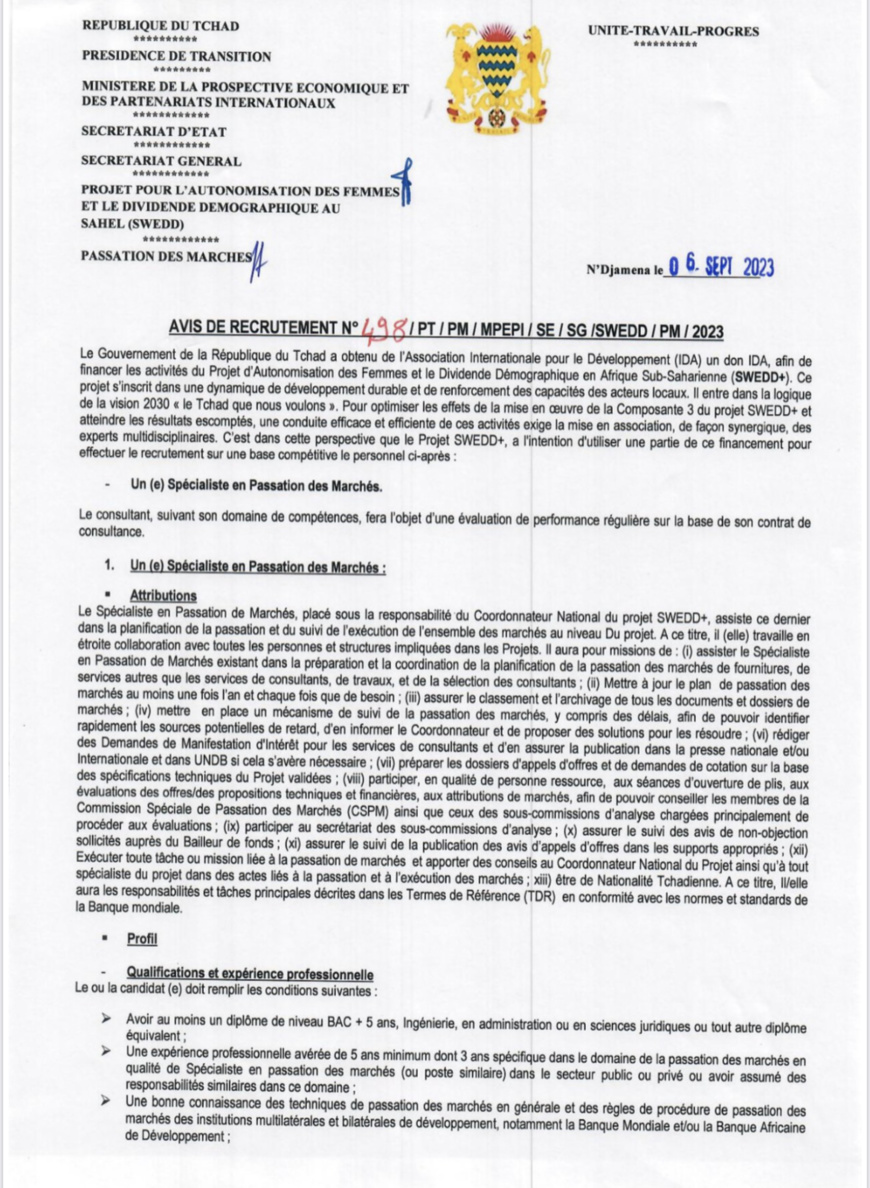 Tchad : avis de recrutement du projet SWEDD pour un(e) spécialiste en passation des marchés Tchad : avis de recrutement du projet SWEDD pour un(e) spécialiste en passation des marchés