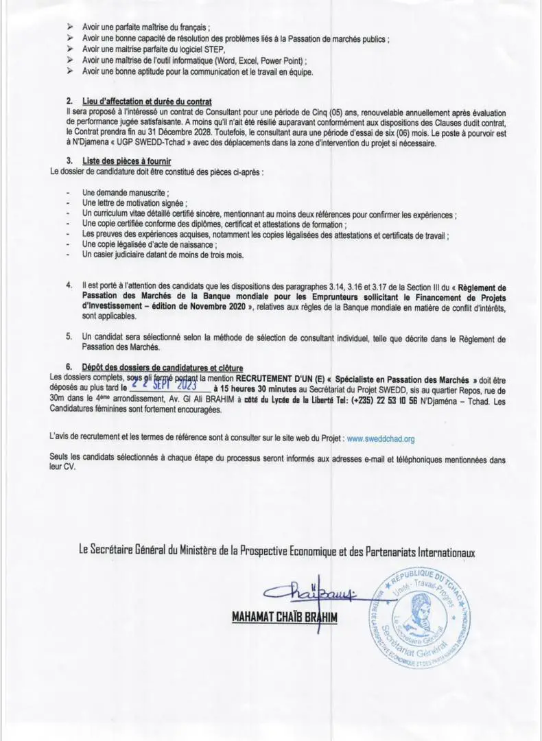 Tchad : avis de recrutement du projet SWEDD pour un(e) spécialiste en passation des marchés