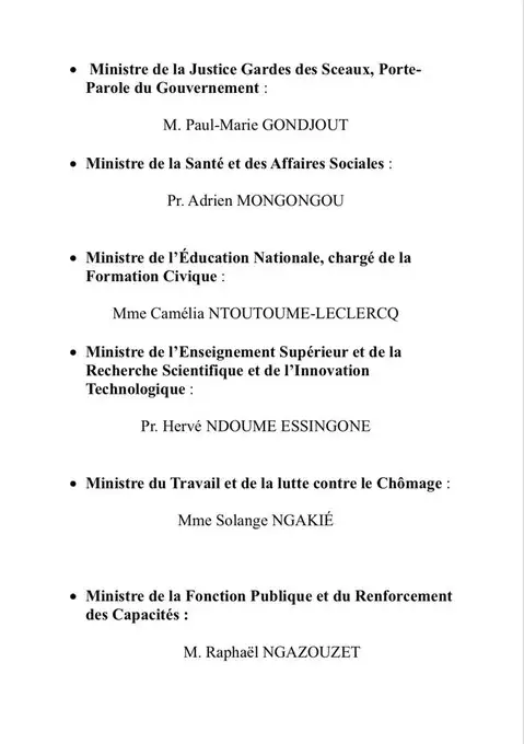 Gabon : Voici la liste du nouveau Gouvernement de la Transition