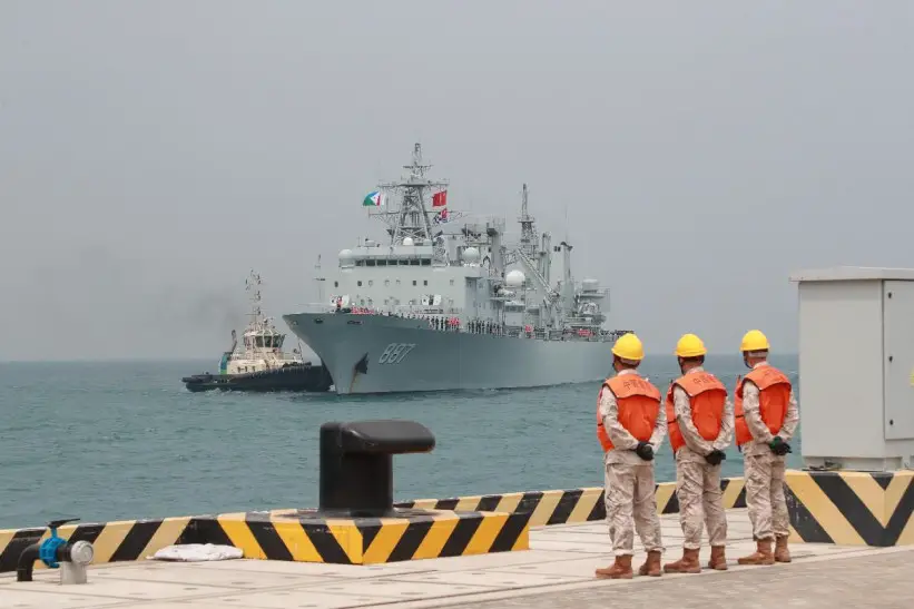 The 43rd fleet of the PLA Navy Weishanhu docks at a terminal of the PLA support base in Djibouti for replenishment. (Photo by Wang Zongyang)