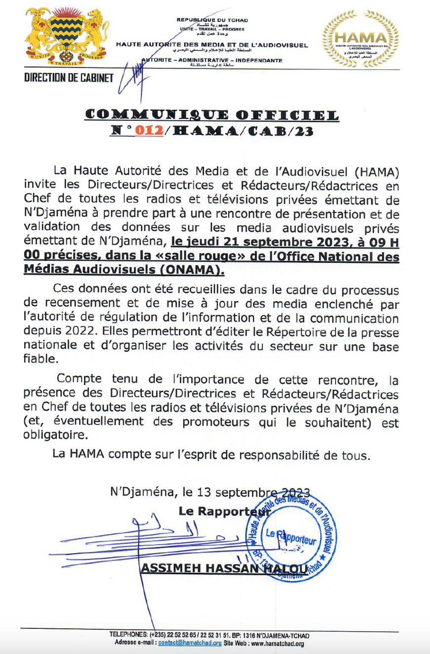 Tchad : la HAMA invite les radios et télévisions privées à une rencontre de présentation/validation de données Tchad : la HAMA invite les radios et télévisions privées à une rencontre de présentation/validation de données