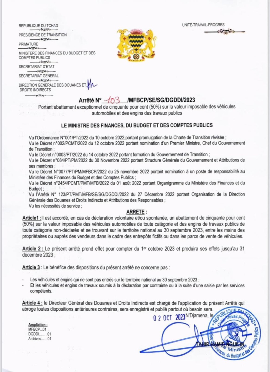 Tchad : Les véhicules automobiles et des engins des travaux publics importés bénéficient d'un abattement de 50 %