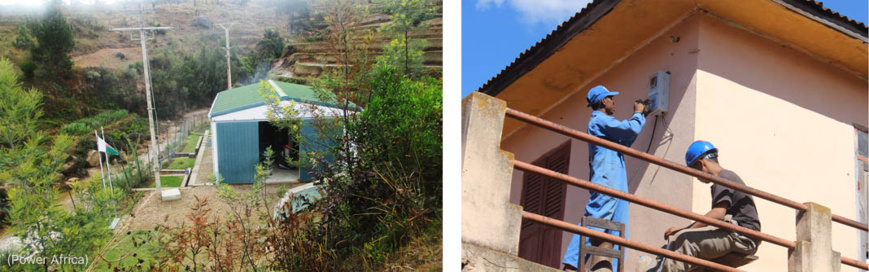 Cette mini-centrale hydroélectrique (à gauche) fournit pour la première fois de l’électricité propre aux habitants de Tsarazaza. A droite, un compteur est installé chez un riverain. (Power Africa) Cette mini-centrale hydroélectrique (à gauche) fournit pour la première fois de l’électricité propre aux habitants de Tsarazaza. A droite, un compteur est installé chez un riverain. (Power Africa)