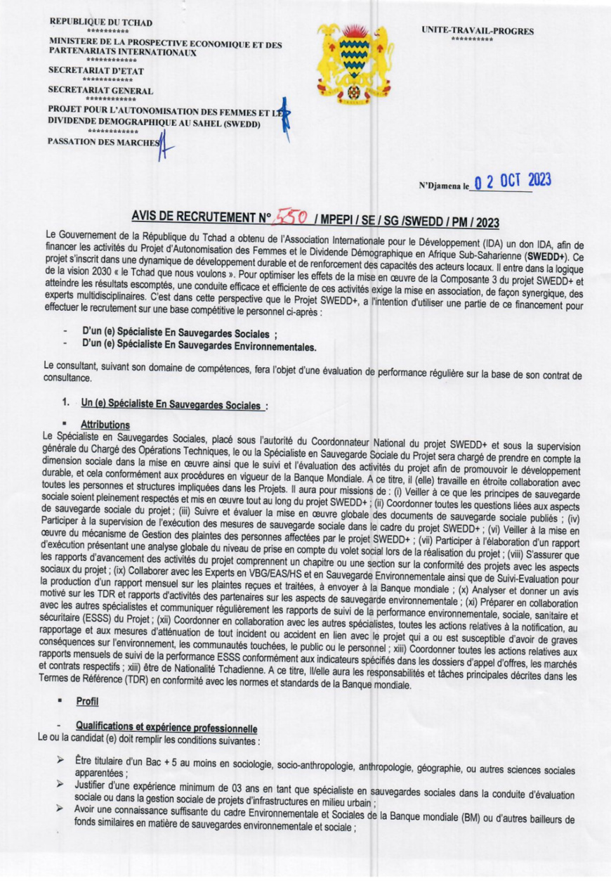 Tchad : le projet SWEDD+ lance un avis de recrutement de deux spécialistes