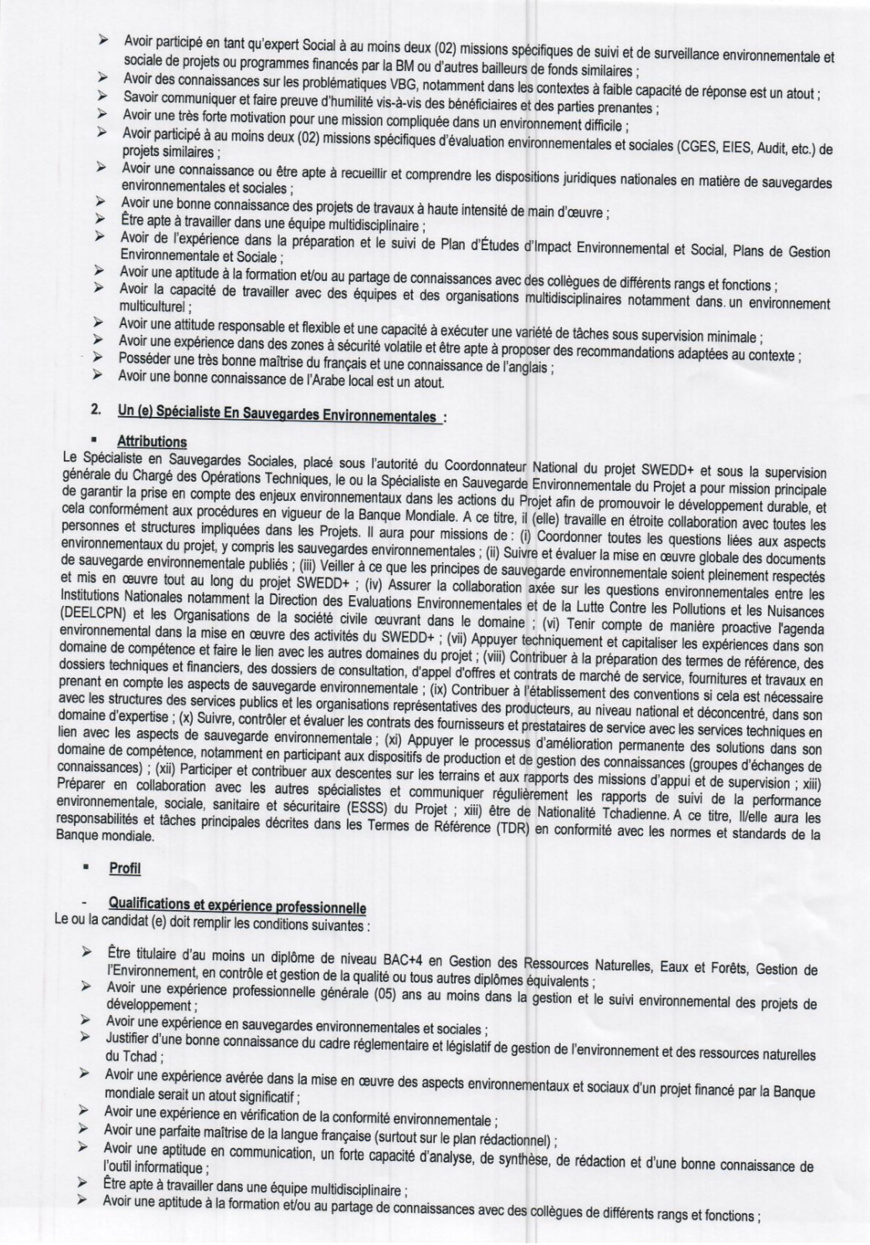 Tchad : le projet SWEDD+ lance un avis de recrutement de deux spécialistes