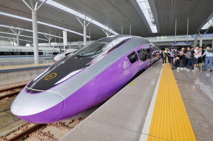 A Fuxing intelligent bullet train tailor-made for the 19th Asian Games is put into use, Sept. 16, 2023. (Photo by Zhou Wei/People's Daily Online)