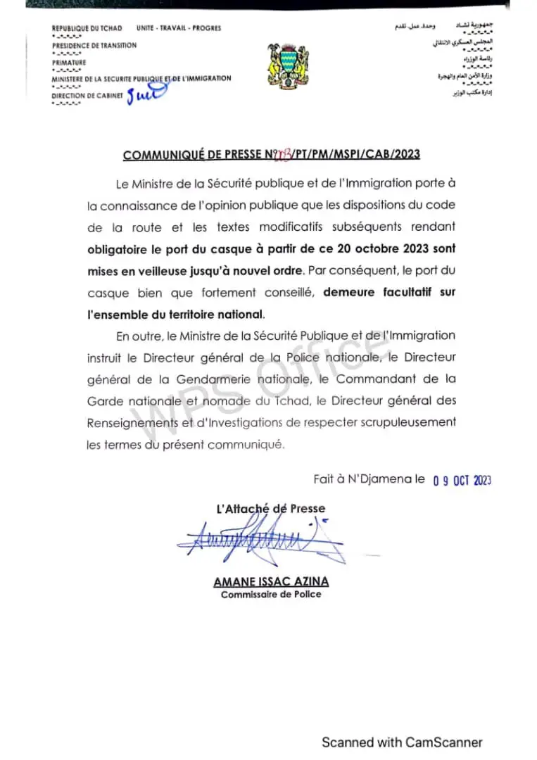 Tchad : Le port obligatoire du casque est mis « en veilleuse » (Ministère de la Sécurité)