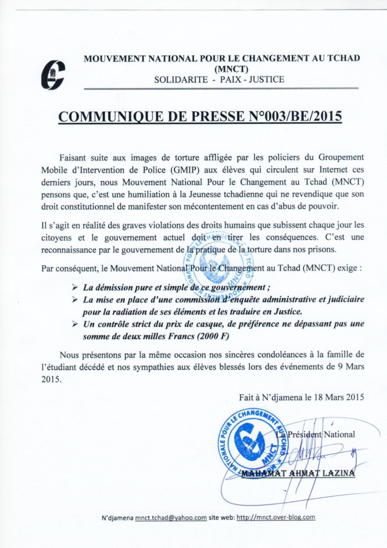 Tchad : Le MNCT demande la démission du gouvernement Tchad : Le MNCT demande la démission du gouvernement