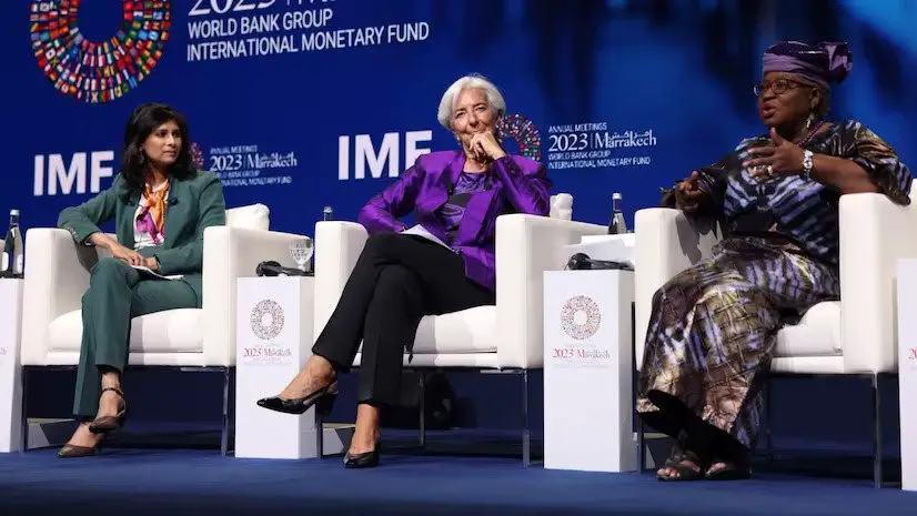 La directrice générale Kristalina Georgieva et la première directrice générale adjointe Gita Gopinath assistent à une réunion des ministres des Finances et des gouverneurs des banques centrales des pays du G7. Photo : FMI.org