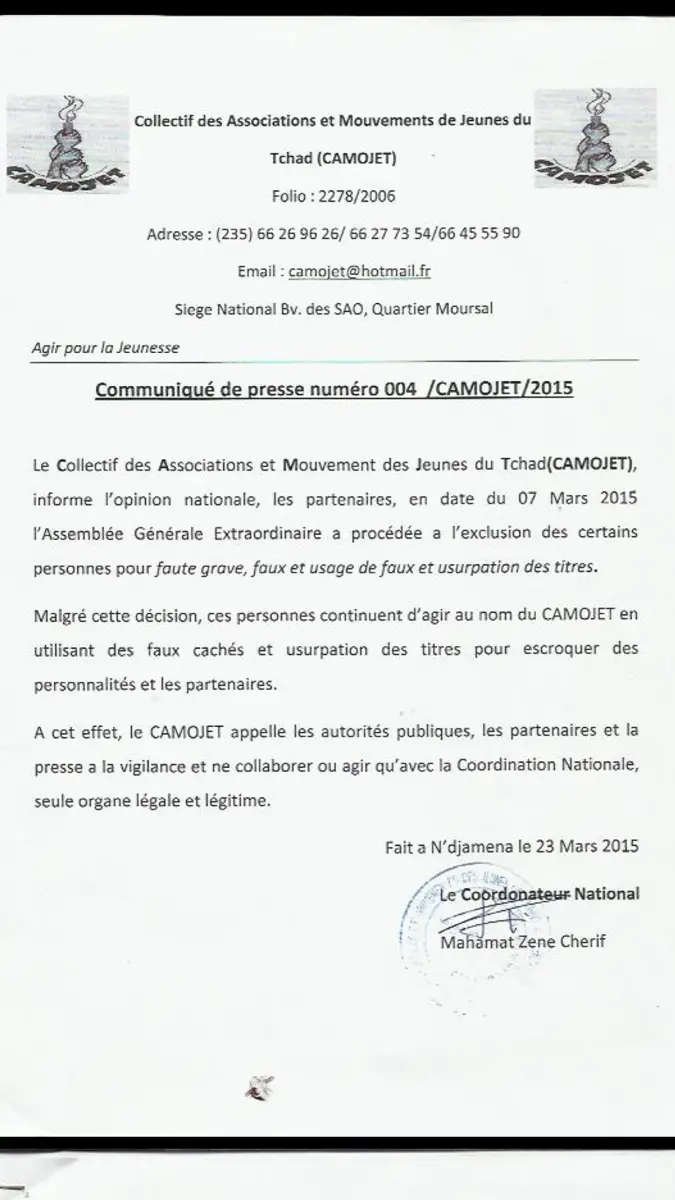 Tchad : Dix membres du CAMOJET exclus pour "faute grave"