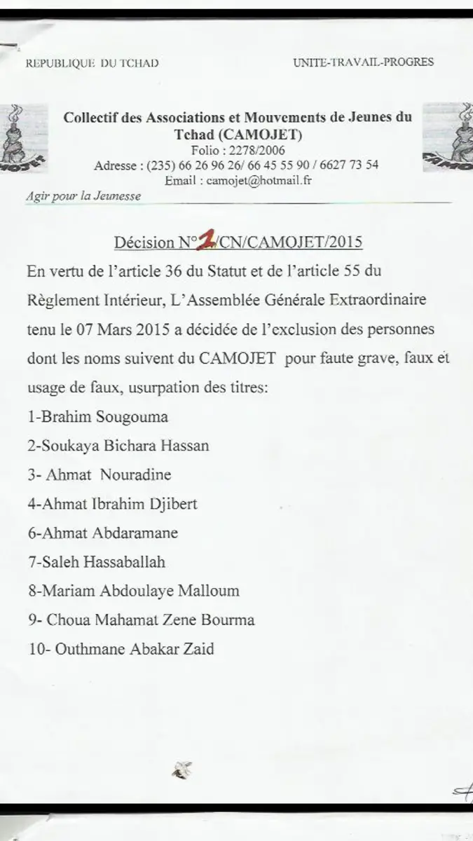 Tchad : Dix membres du CAMOJET exclus pour "faute grave"