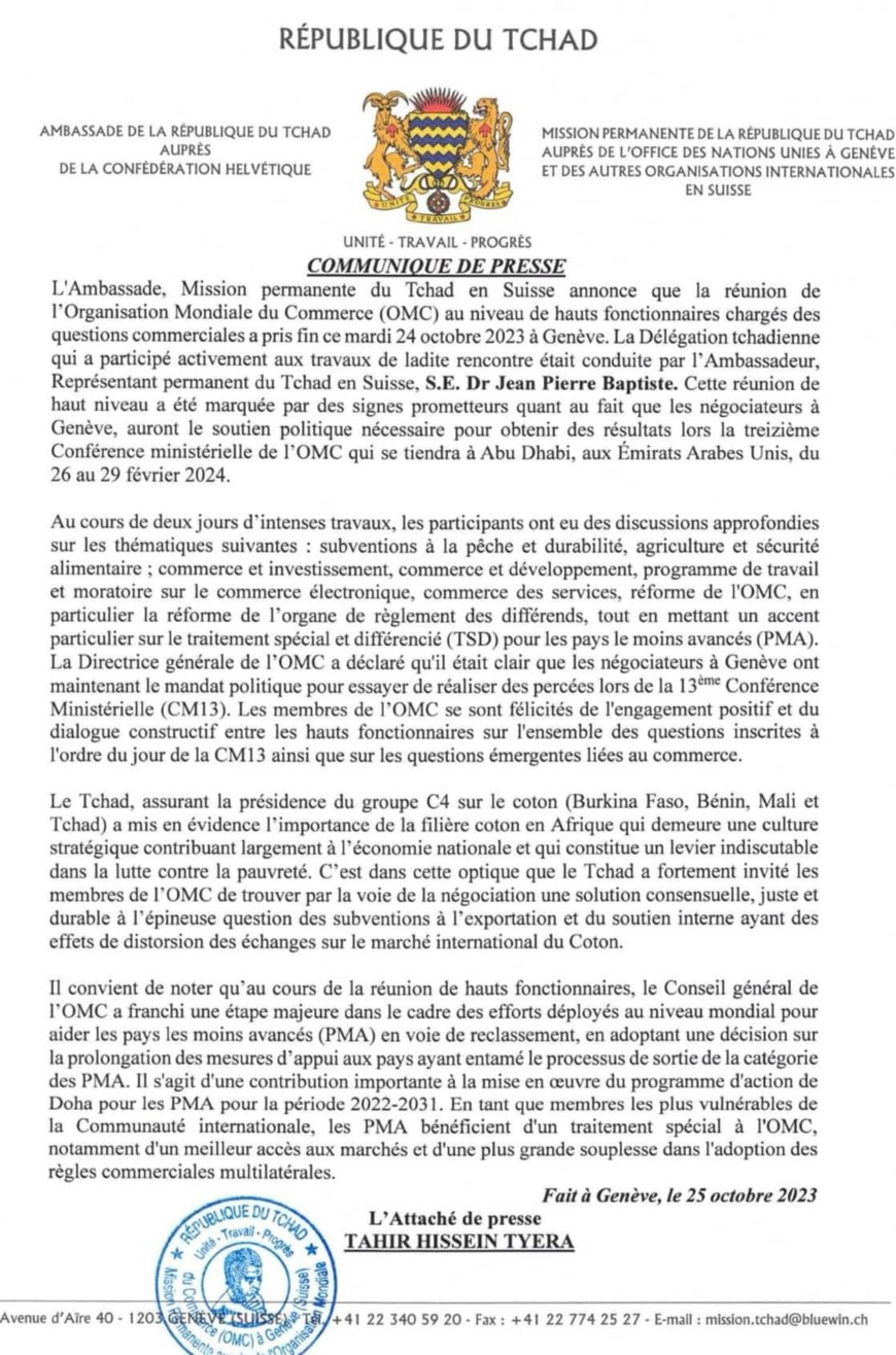 Le Tchad plaide pour une solution consensuelle des subventions à l'exportation du Coton Le Tchad plaide pour une solution consensuelle des subventions à l'exportation du Coton