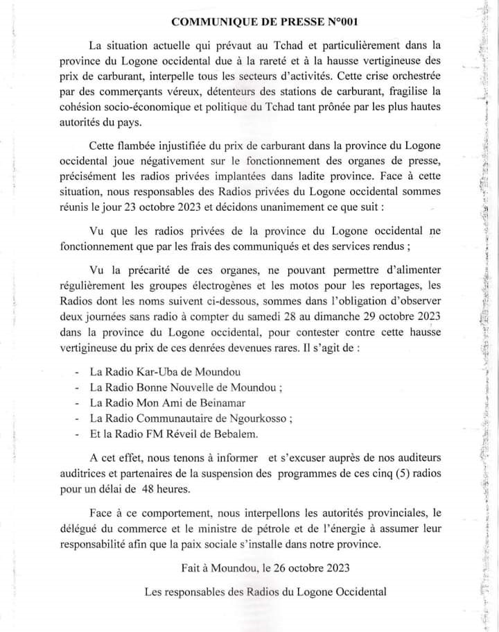 Tchad : les radios privées de la province du Logone occidental observent deux jours de grève