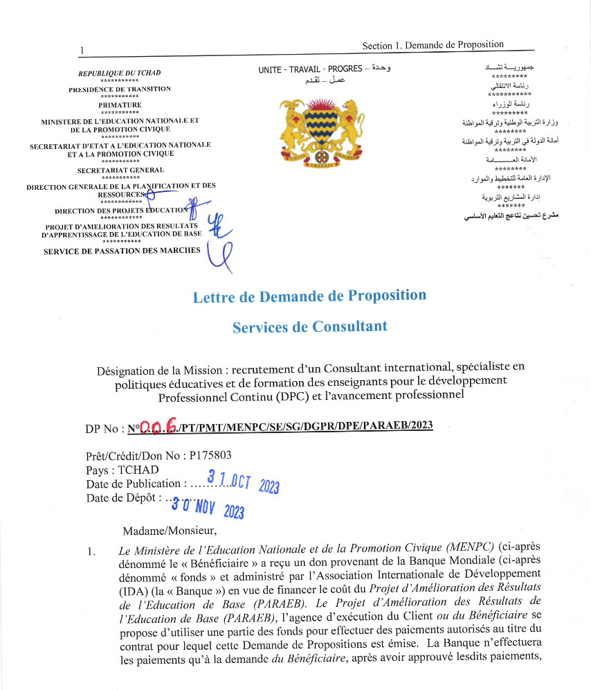 Tchad: Avis de recrutement d'un Consultant International, Spécialiste en politiques éducatives pour le compte du projet PARAEB Tchad: Avis de recrutement d'un Consultant International, Spécialiste en politiques éducatives pour le compte du projet PARAEB