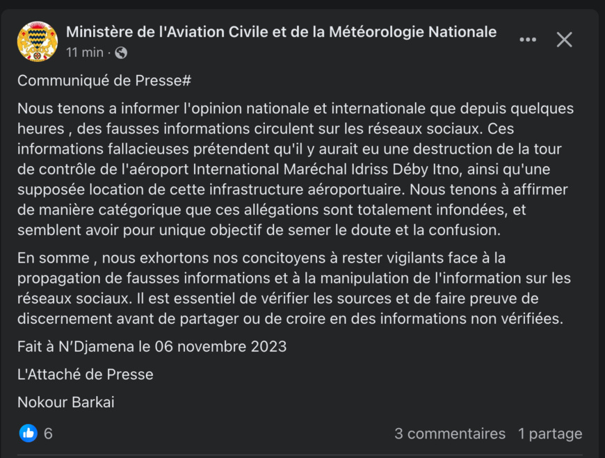 Tchad : les autorités réfutent les allégations de destruction de la tour de contrôle de l'aéroport d'Amdjarass