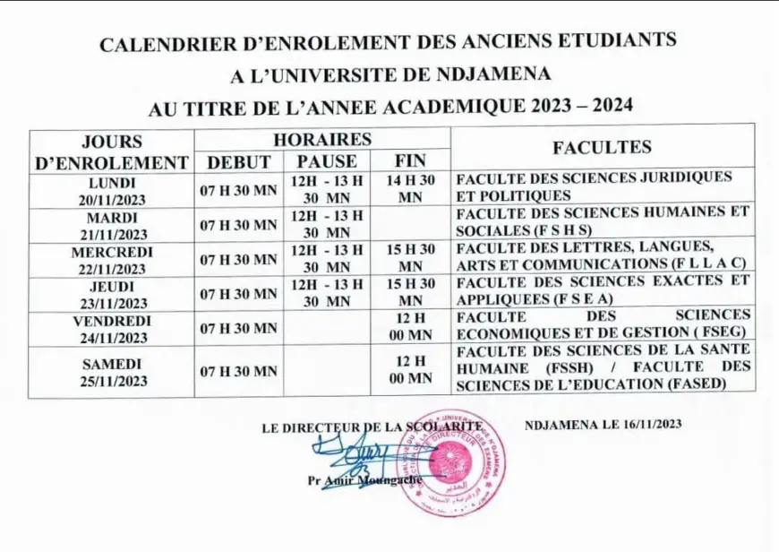 Tchad : Calendrier d’enrôlement des anciens étudiants de l’Université de Ndjamena