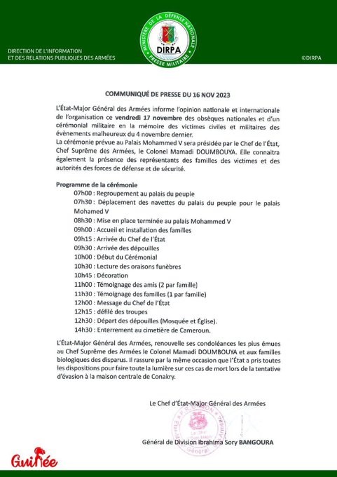 Guinée (Conakry) : La nation rend hommage aux victimes des évènements malheureux du 04 novembre dernier Guinée (Conakry) : La nation rend hommage aux victimes des évènements malheureux du 04 novembre dernier