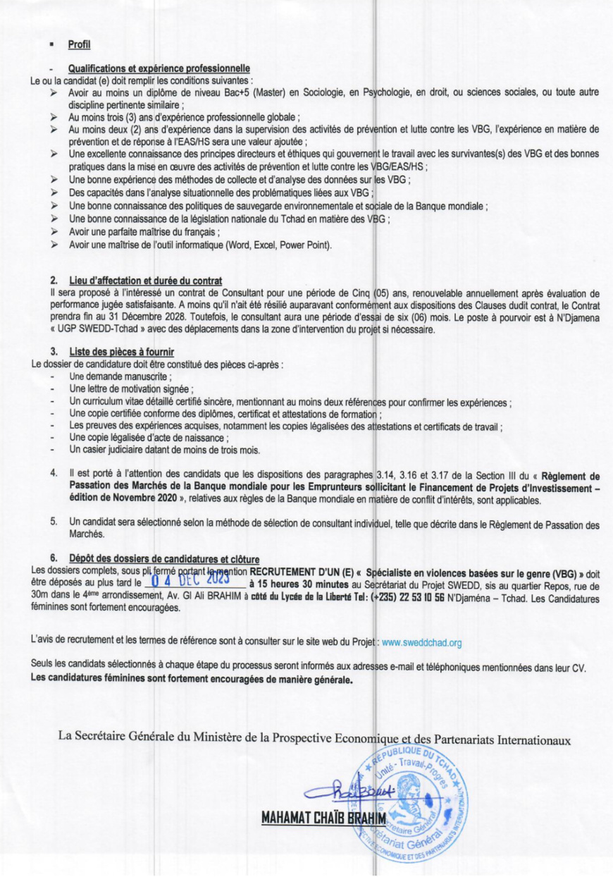 Tchad : le projet SWEDD+ lance un avis de recrutement d’un(e) spécialiste en violences basées sur le genre Tchad : le projet SWEDD+ lance un avis de recrutement d’un(e) spécialiste en violences basées sur le genre