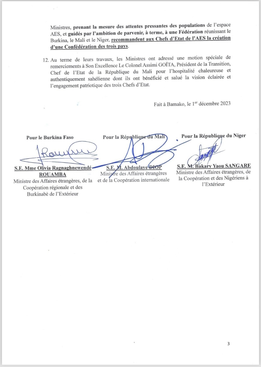 Mali : Déclaration issue de la première réunion des Ministres des Affaires étrangères de l'Alliance des Etats du Sahel
