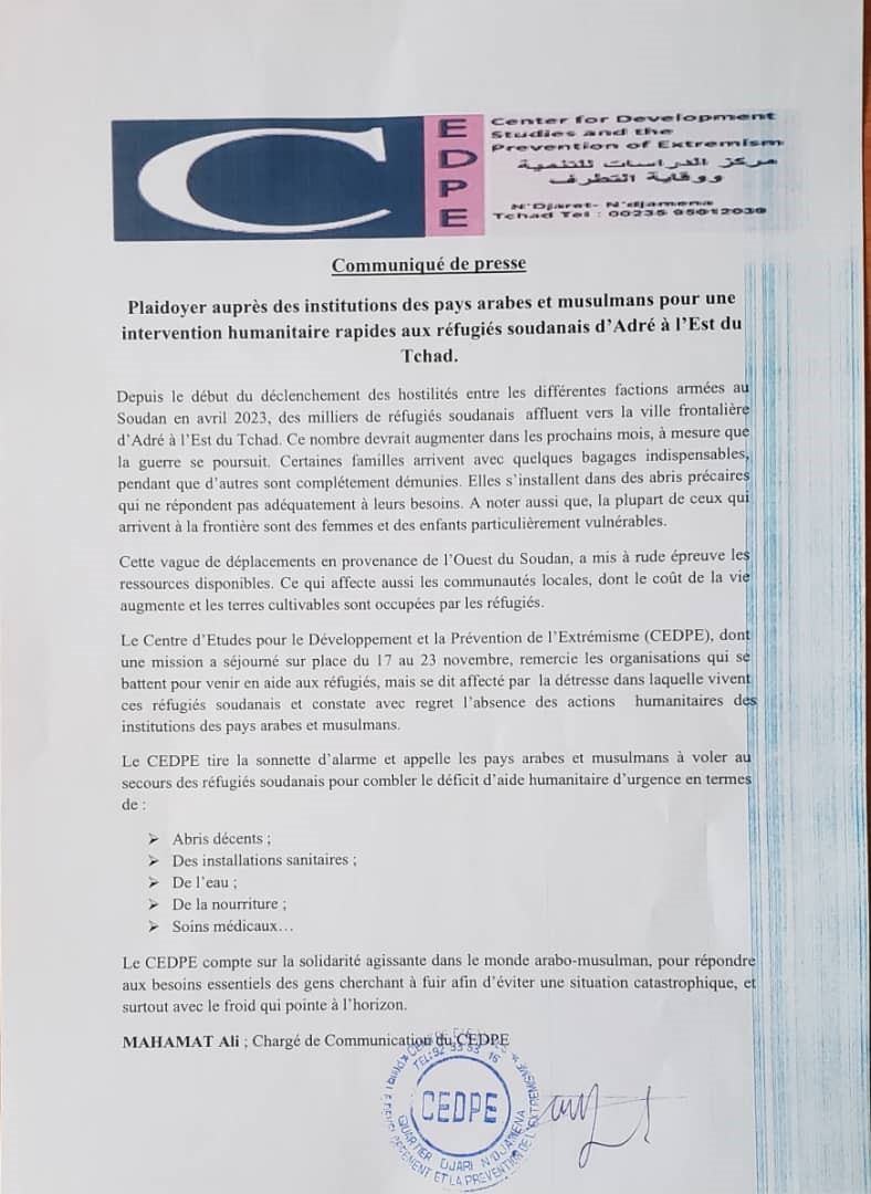 Situation de Réfugiés soudanais au Tchad : Le CEDPE lance un plaidoyer auprès des institutions arabes et musulmanes Situation de Réfugiés soudanais au Tchad : Le CEDPE lance un plaidoyer auprès des institutions arabes et musulmanes