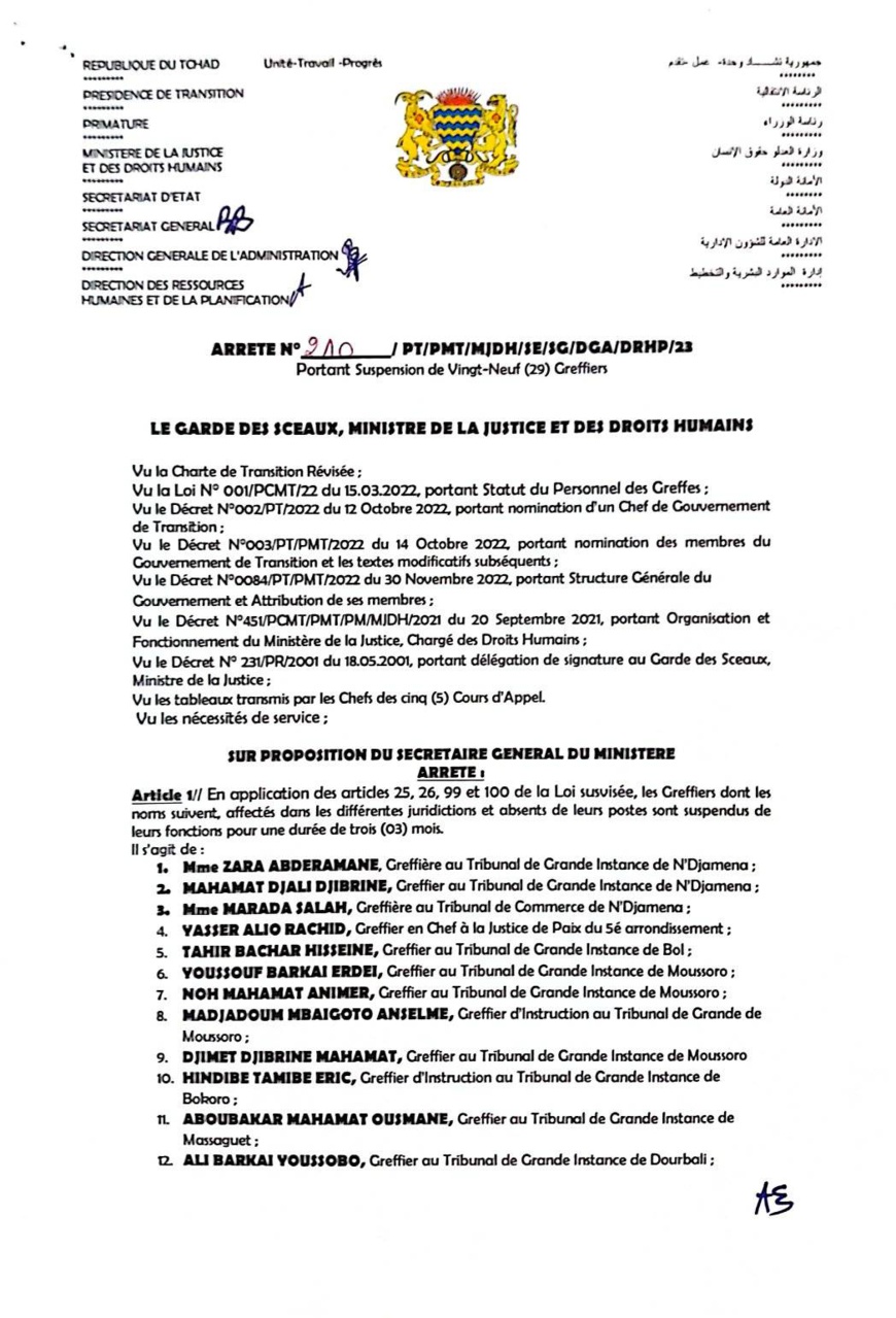 Tchad : le ministre de la Justice suspend 29 greffiers pour trois mois Tchad : le ministre de la Justice suspend 29 greffiers pour trois mois