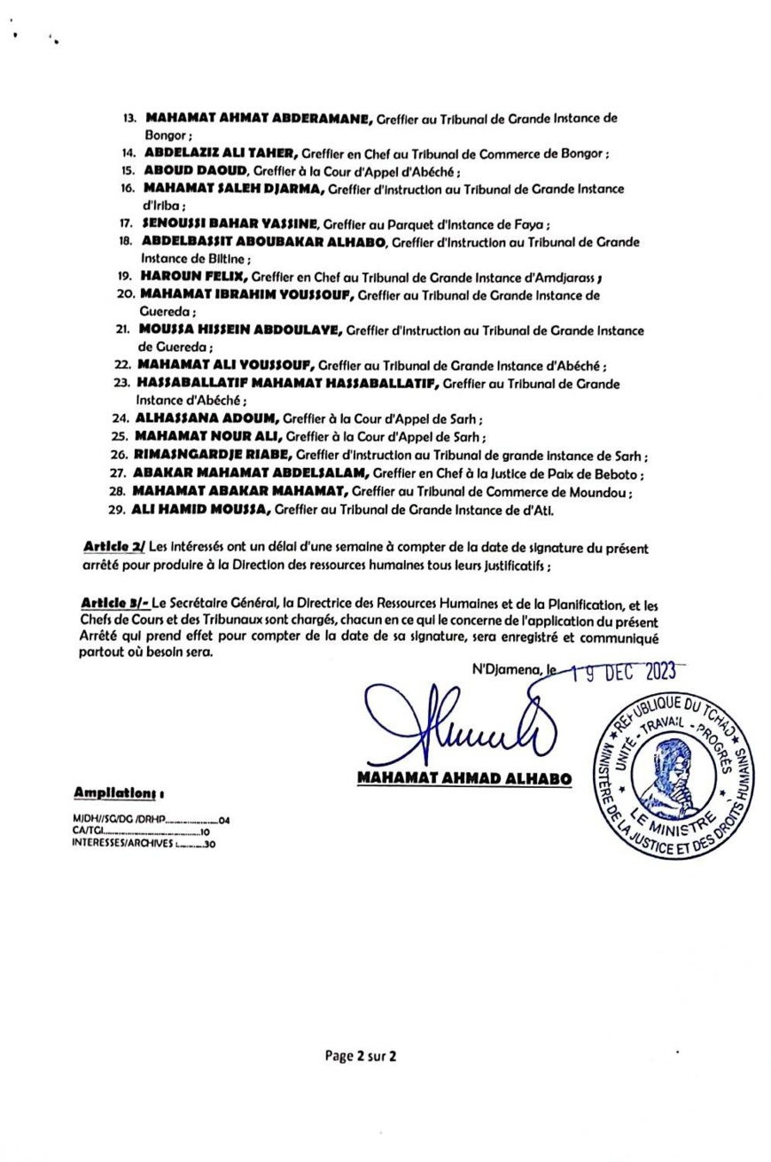 Tchad : le ministre de la Justice suspend 29 greffiers pour trois mois Tchad : le ministre de la Justice suspend 29 greffiers pour trois mois