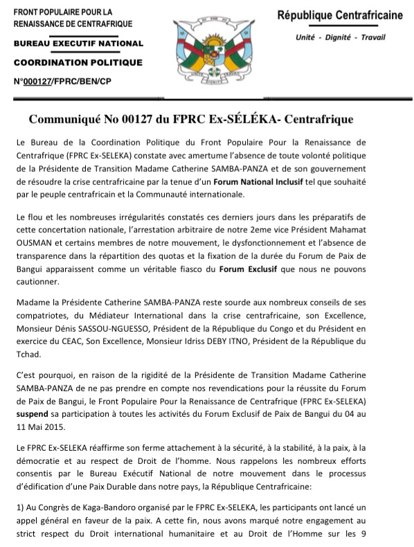 Centrafrique : L'ex-Séléka suspend sa participation au forum de Bangui Centrafrique : L'ex-Séléka suspend sa participation au forum de Bangui