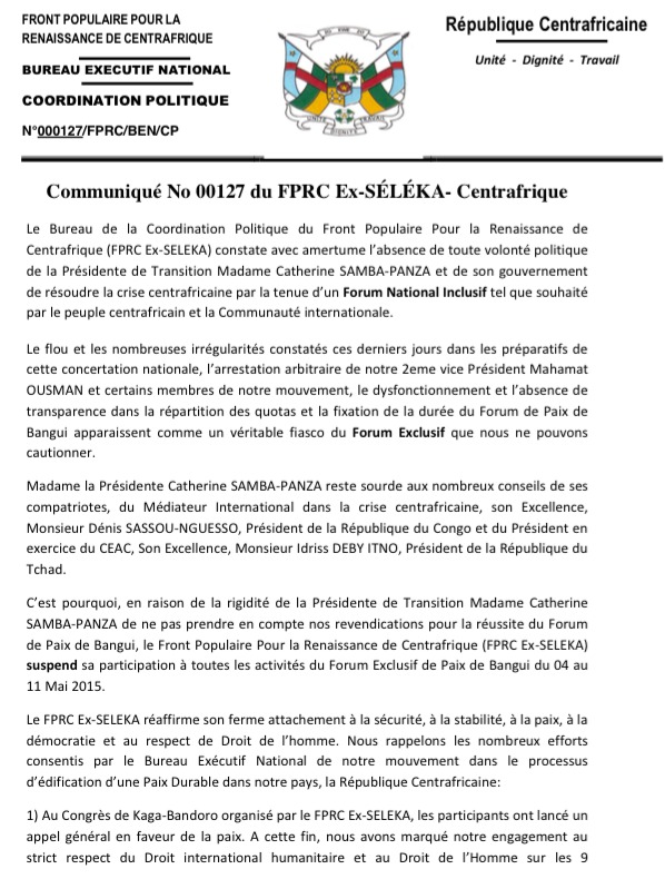 Centrafrique : L'ex-Séléka suspend sa participation au forum de Bangui