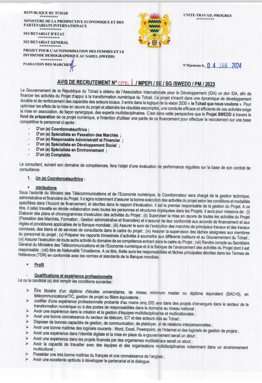 Tchad : le projet SWEDD lance un avis de recrutement de personnel sur une base compétitive Tchad : le projet SWEDD lance un avis de recrutement de personnel sur une base compétitive