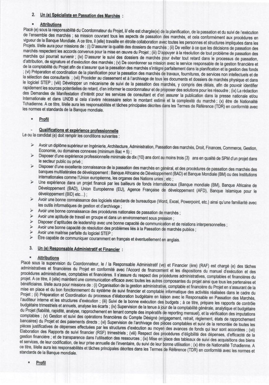 Tchad : le projet SWEDD lance un avis de recrutement de personnel sur une base compétitive Tchad : le projet SWEDD lance un avis de recrutement de personnel sur une base compétitive